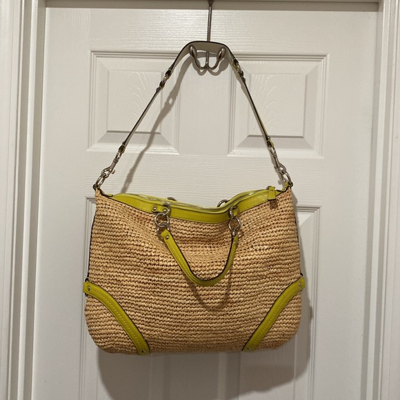 Coach Straw Satchel #23181 Silver/Natural/Lime - Picture 3 of 17